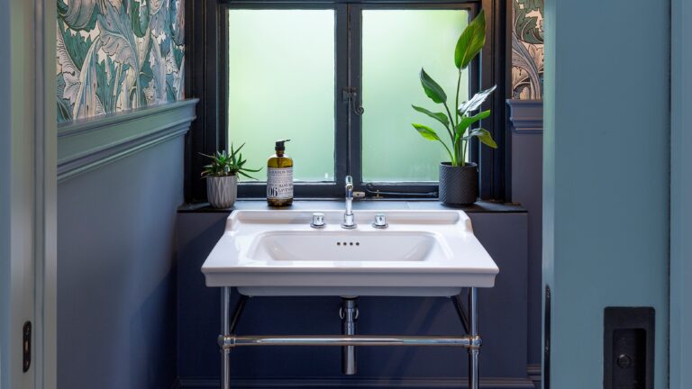 Charming bathroom with a white vintage-style sink, decorative wallpaper, and indoor plants placed on the windowsill